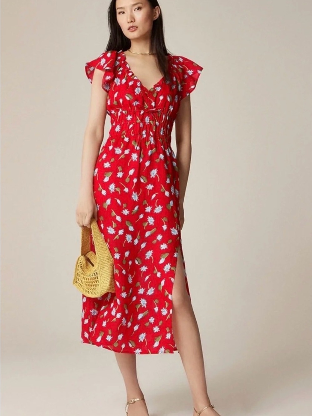 J. Crew Red Floral Midi Dress with Flutter Sleeves